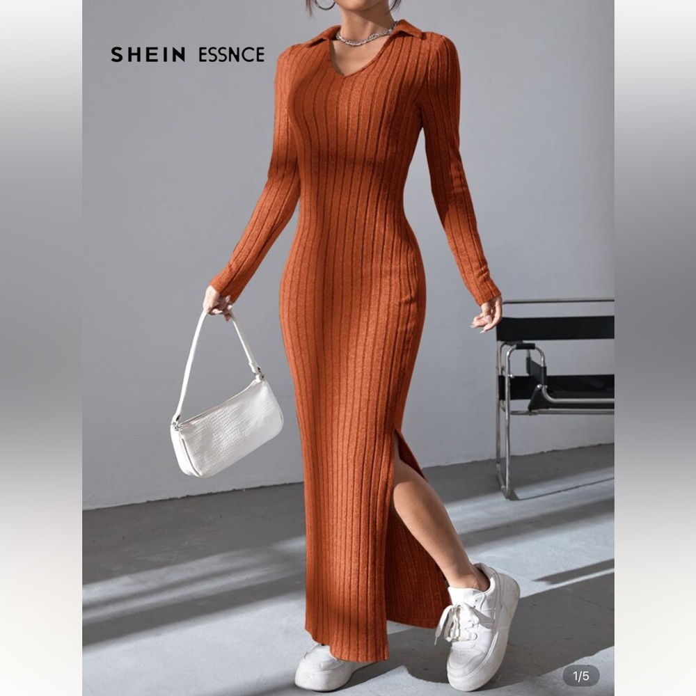 SHEIN Rust Long Sleeve Ribbed Dress